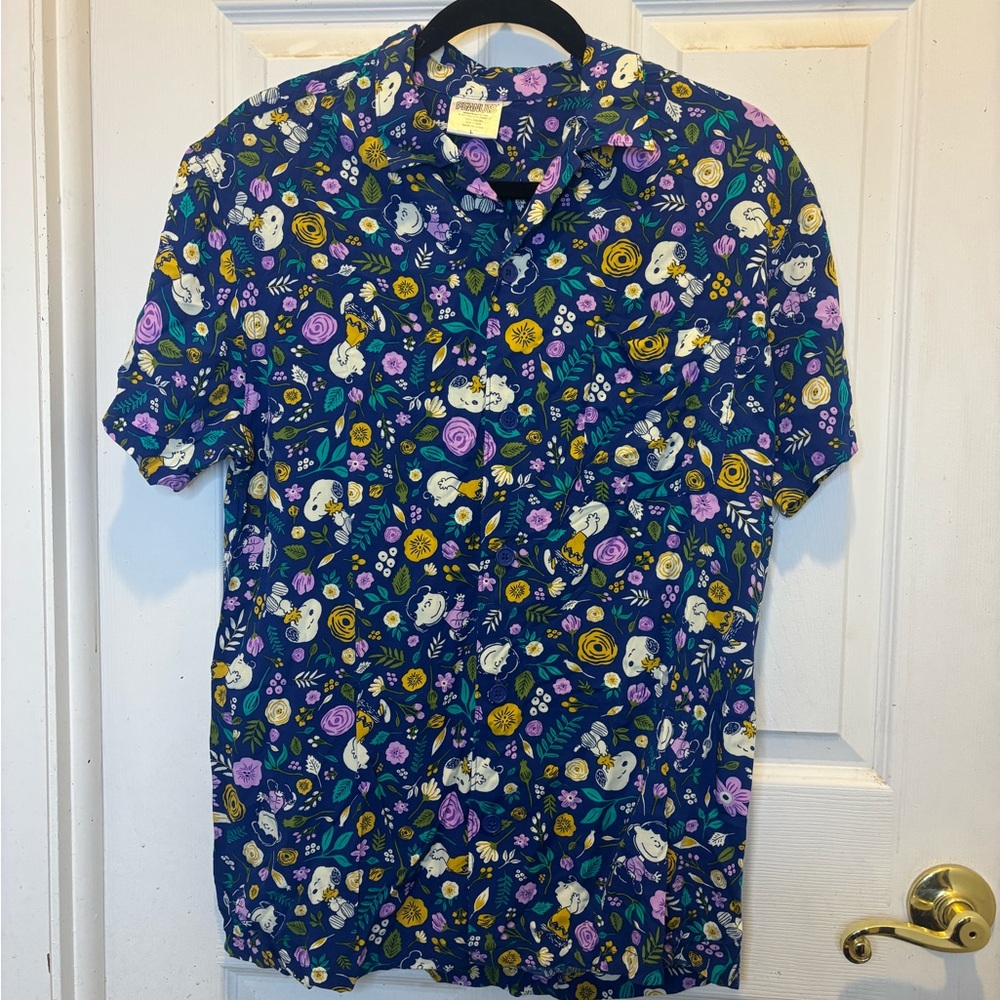 Peanuts Snoopy & Woodstock with Floral 100% Rayon Hawaiian Camp Shirt
